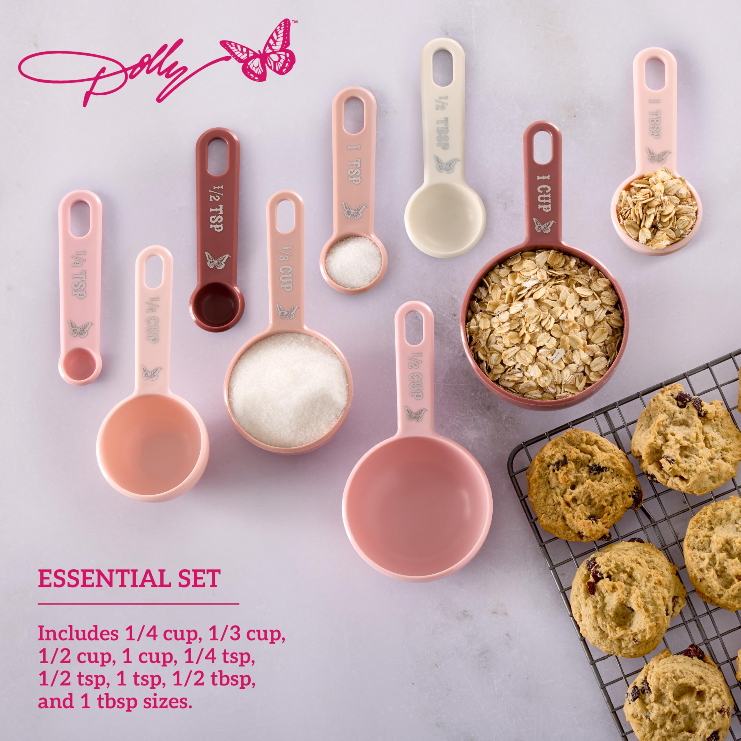 Dolly Parton Measuring Cups and Spoons Set, Pink with Butterfly Accents, Easy-Read Markings, Nesting Design with Ring, 1/4 tsp to 1 Cup, Baking and Cooking Essential, 9 Piece - Image 4